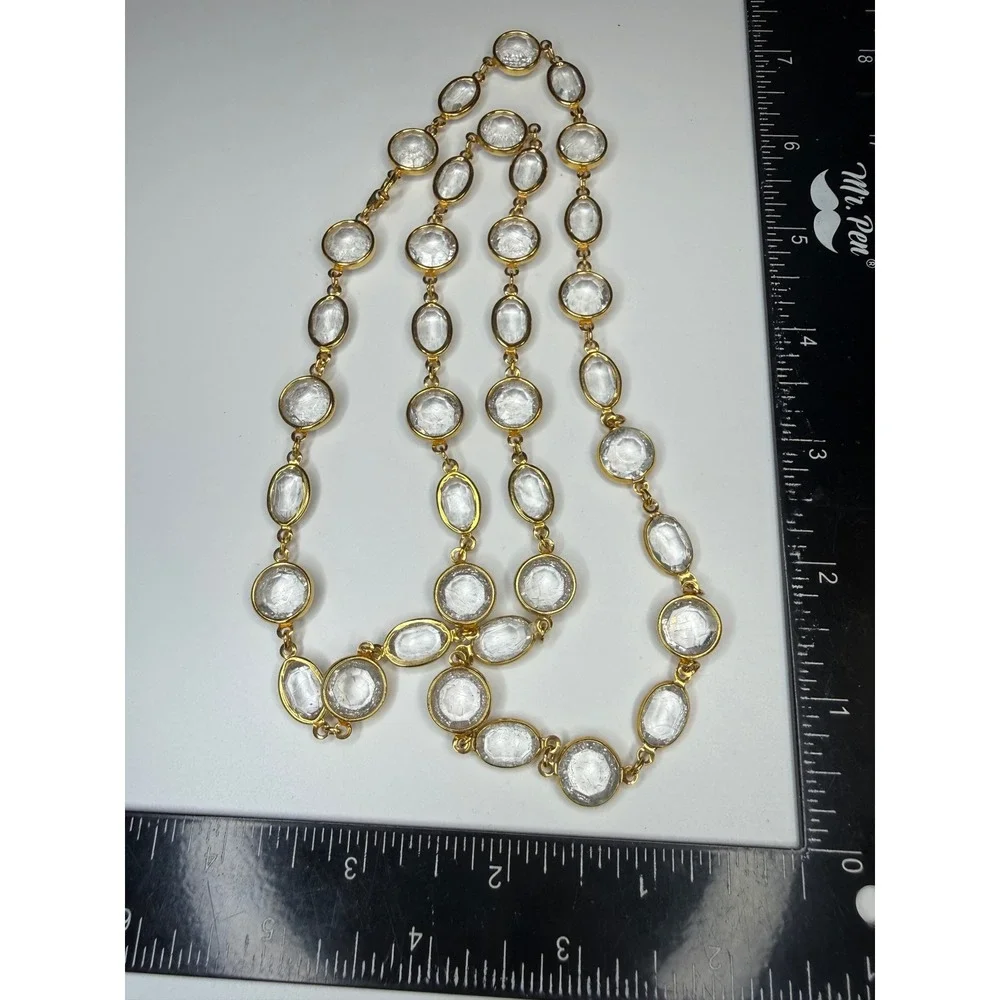 Gold Tone Bezel Set Clear Faceted Crystal Station Long Necklace 36 Inch